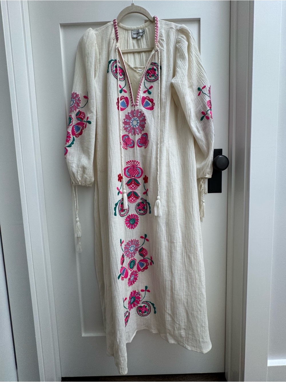 Antik Batik Cream Midi Dress with Pink & Green Floral Embroidery